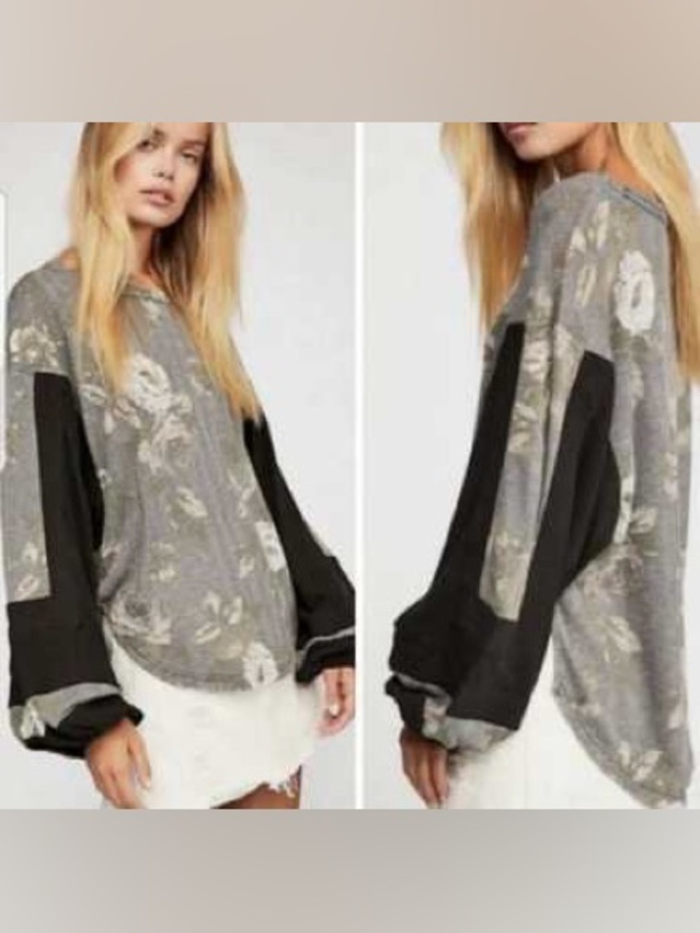 Free People Flower Patch Floral Black oversized sleeves Size L GORGEOUS
